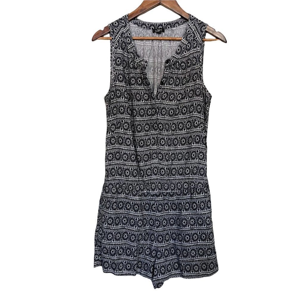 LOFT Women's Black Linen Aztec Pattern Sleeveless Pockets Shorts Romper Small